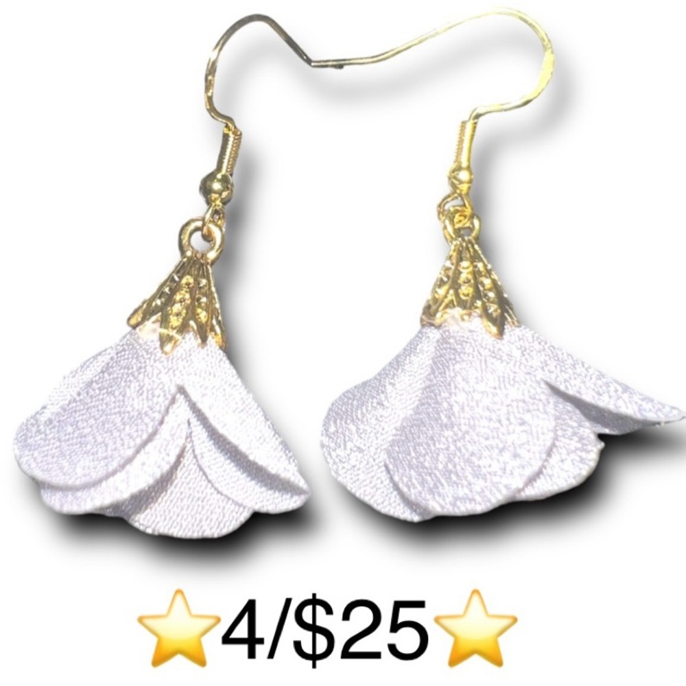 Handmade White Flower Earrings w/Gold Plated S925 Sterling Silver Fishhook Backs